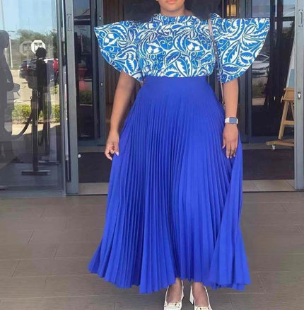 Pleated maxi skirt with puff-sleeve top, royal blue