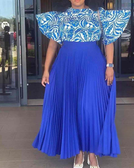 Pleated maxi skirt with puff-sleeve top, royal blue