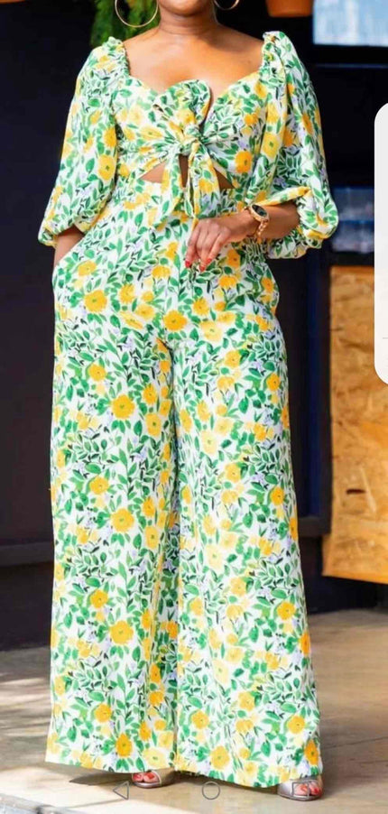 Floral jumpsuit with puff sleeves and tie-front neckline, wide-leg long pants