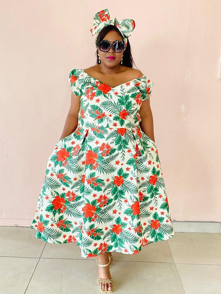 Plus-size floral midi dress, puff sleeves, off-shoulder style, with red and green print