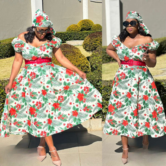 Floral midi dress with puff sleeves and wide waist belt, white with red and green print
