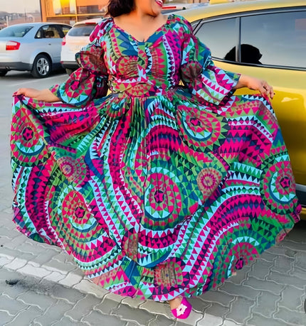 Multicolor puff-sleeve maxi dress with V-neck and geometric swirl pattern