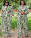 Geometric printed shirt and trouser set, green-and-white patterned