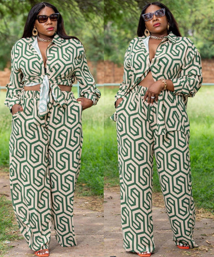 Geometric printed shirt and trouser set, green-and-white patterned