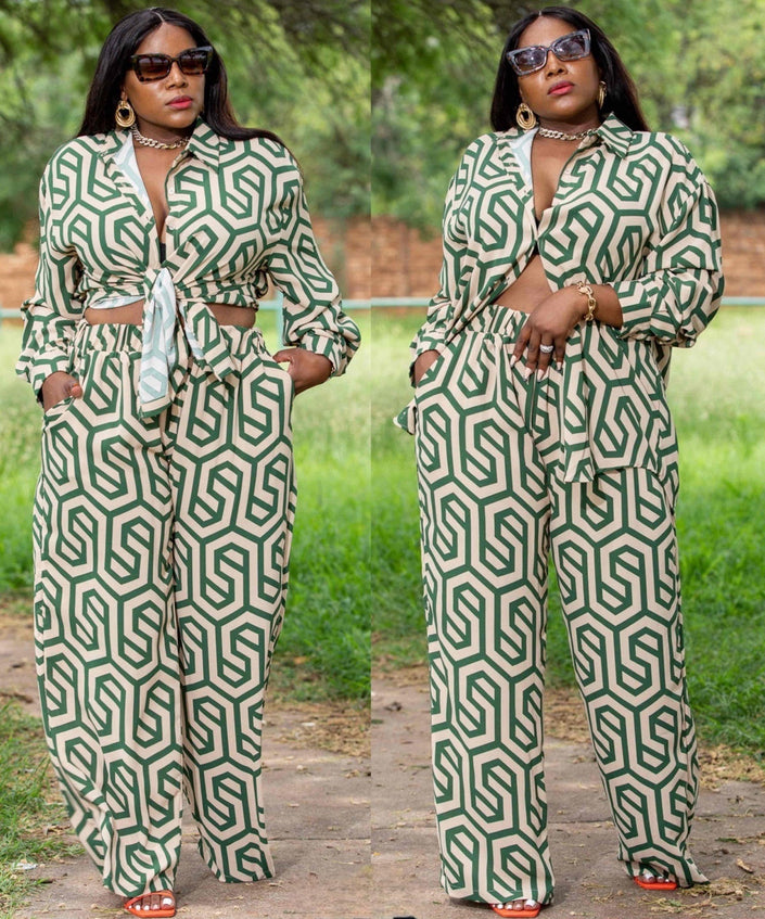 Geometric printed shirt and trouser set, green-and-white patterned
