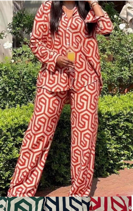 Geometric printed shirt and trouser set, red-and-white pattern with button front