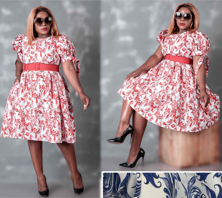 Floral puff-sleeve dress with red prints, stretch waist, short A-line skirt