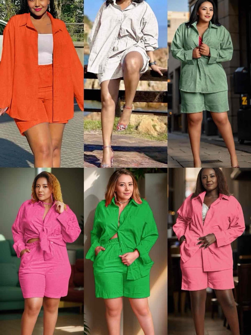 Women’s Casual Business Style Short Sleeve Shirt and Shorts Set