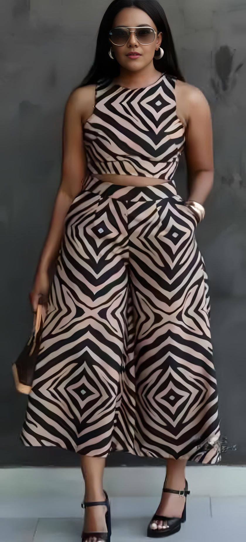 Geometric Pattern Sleeveless Crop Top & High-Waisted Wide-Leg Pants Set