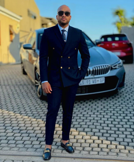 Men’s double-breasted slim-fit suit set with matching trousers, dark navy