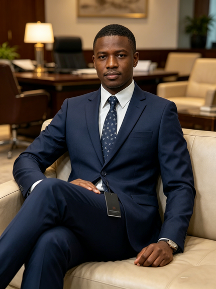 Navy slim-fit single-breasted suit set with white shirt and patterned tie