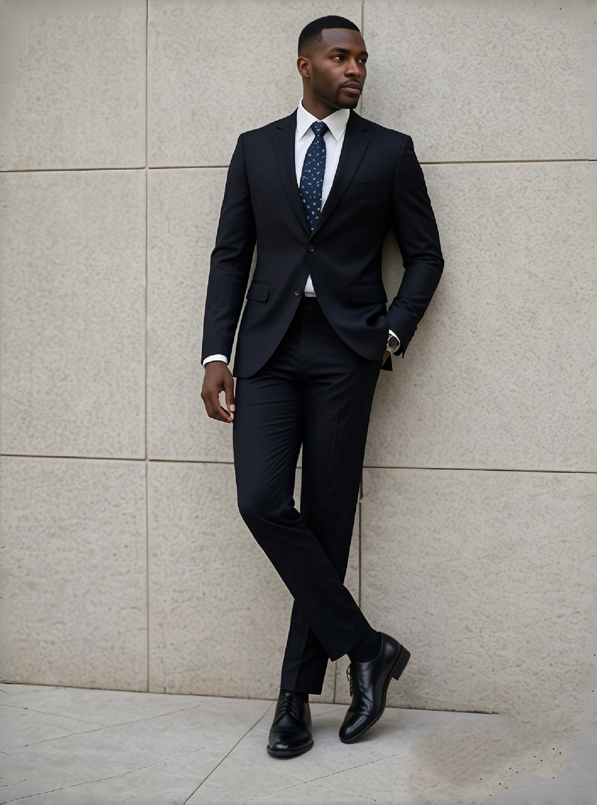 Men's slim-fit suit with notched lapels, dark trousers, and matching jacket