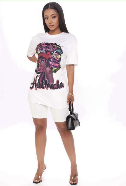 Graphic tee and tailored shorts twin set, white with colorful front print