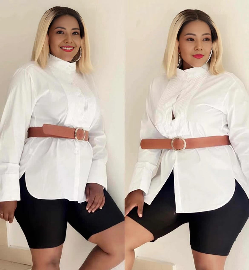 Long-Sleeve Button-Up Shirt with Prominent Collar and Cuffs, Structured Front Tailoring