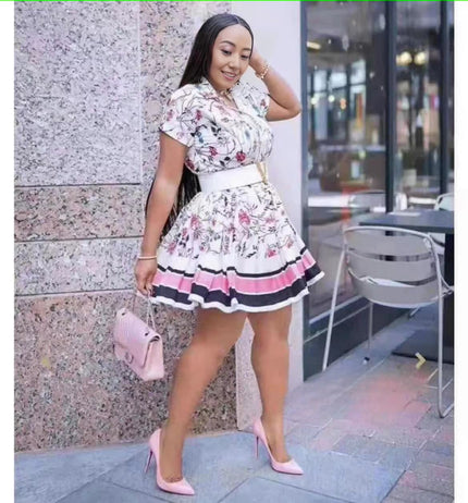 Floral ruffle mini dress with cinched waist, short sleeves, striped ruffle hem