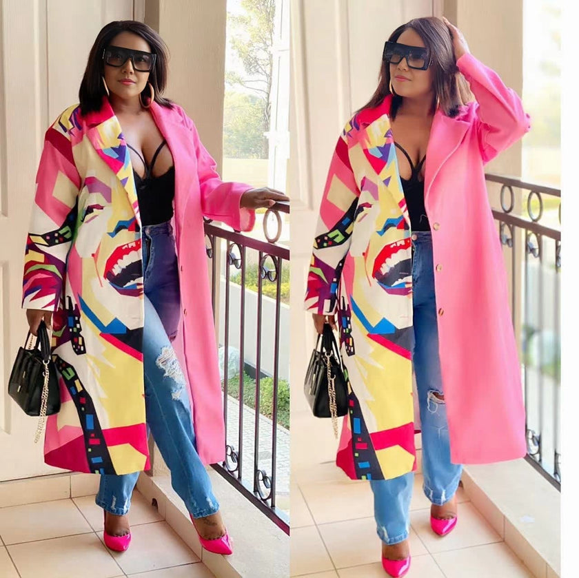 Abstract Print Notched Lapel Buttoned Coat