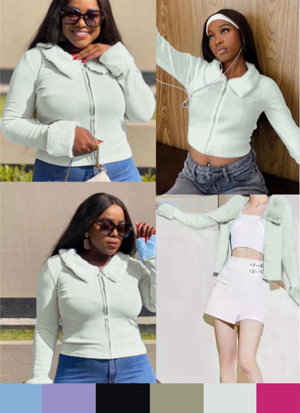 Light hooded ruffle jacket with ribbed faux fur trim, zip front