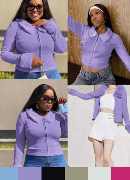 Purple hooded ruffle jacket with ribbed faux fur trim, zip front