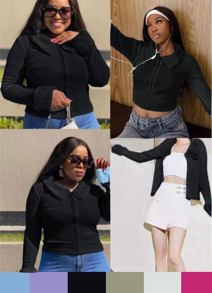 Black hooded ruffle jacket with ribbed faux fur trim, zip front