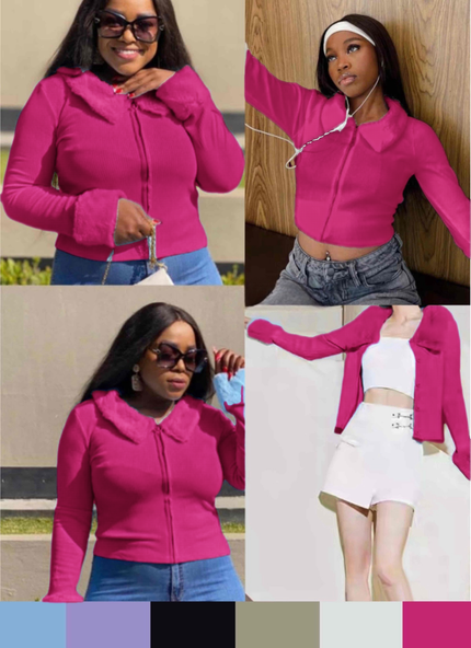 Deep-pink hooded ruffle jacket with ribbed faux fur trim, zip front
