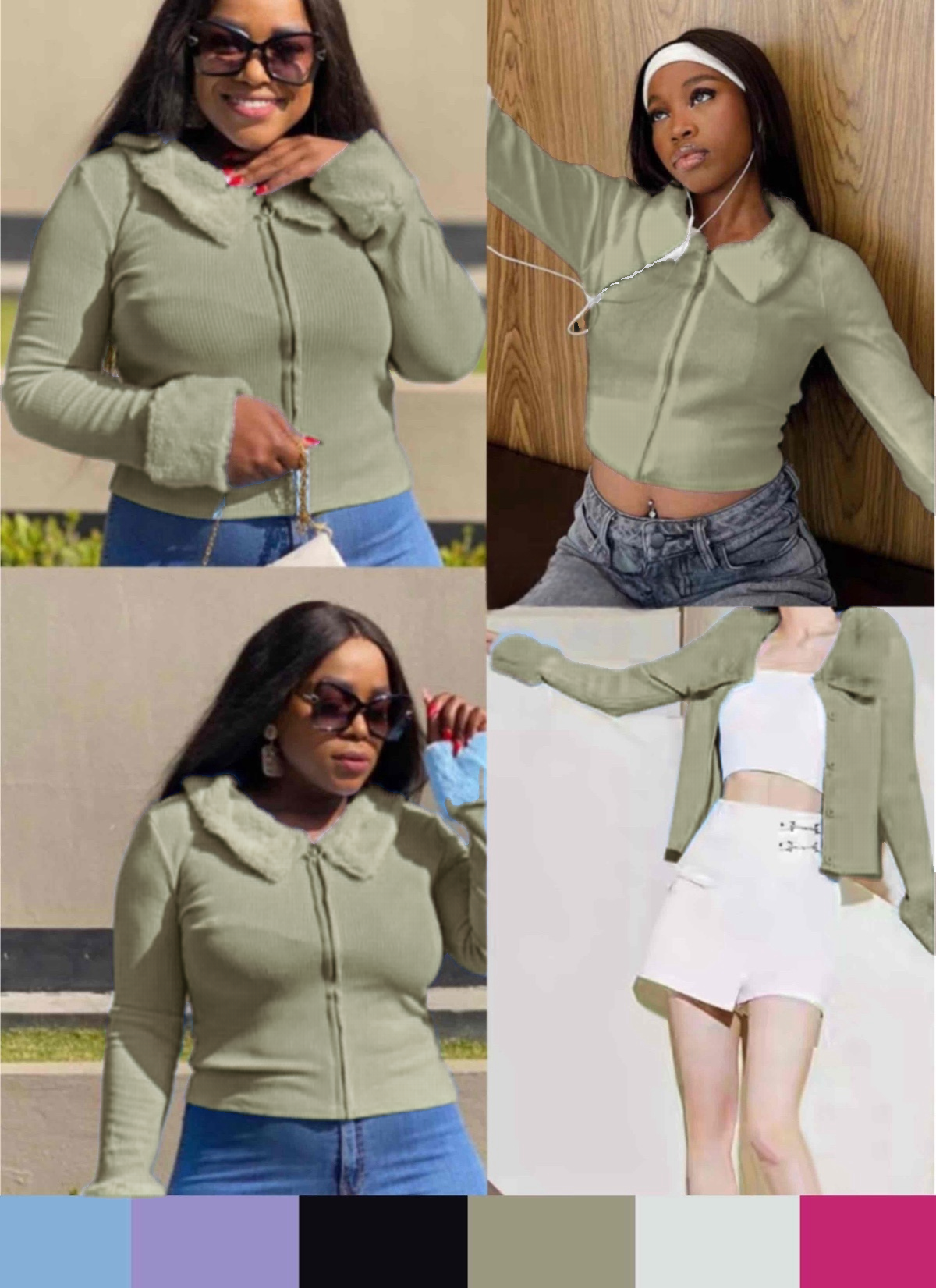Sage green hooded ruffle jacket with ribbed faux fur trim, zip front