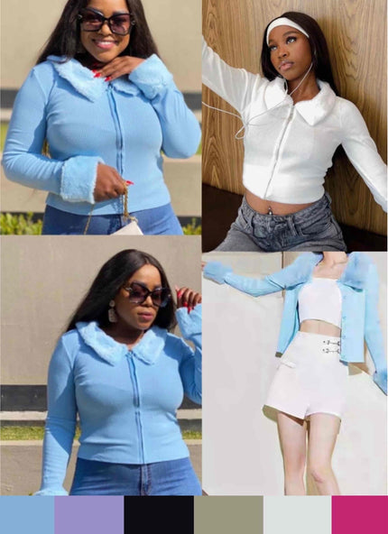 Sky-blue hooded ruffle jacket with ribbed faux fur trim, zip front