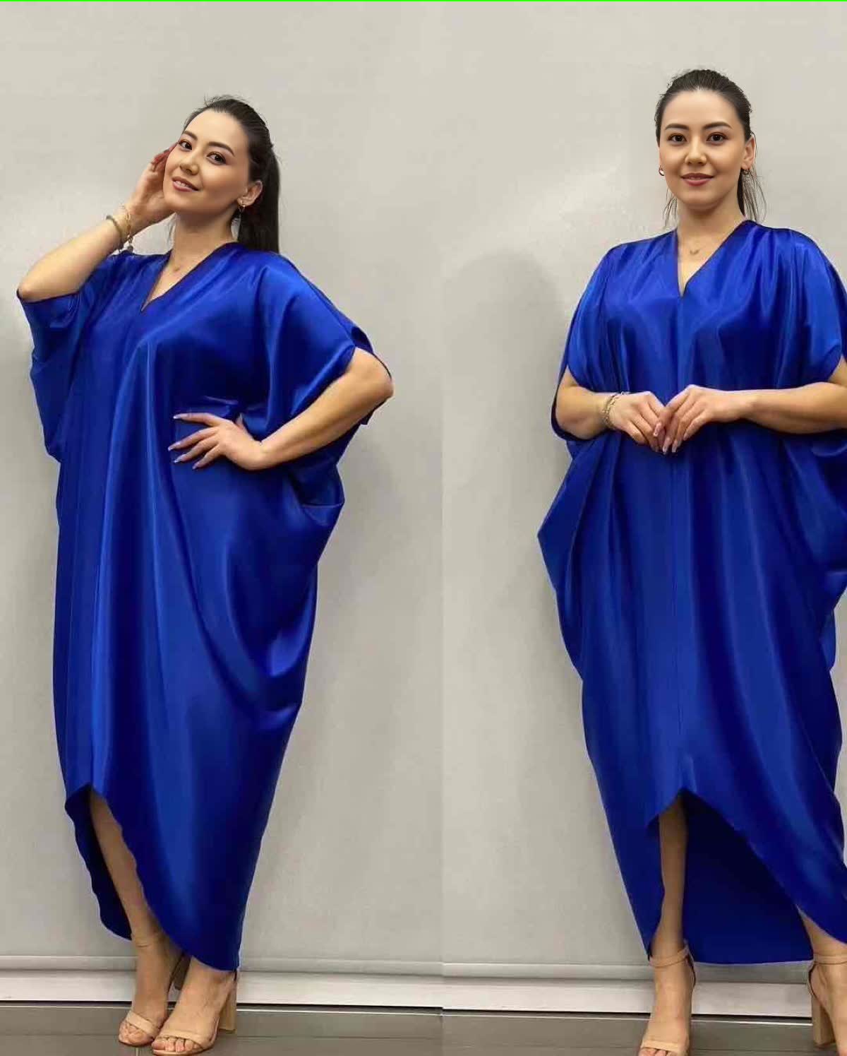 Asymmetrical kaftan dress in blue, one-shoulder V-neck, draped batwing sleeves