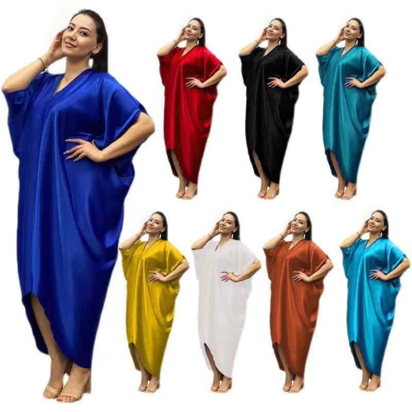 Asymmetrical kaftan dress styling set: blue, red, black, teal one-shoulder V-neck