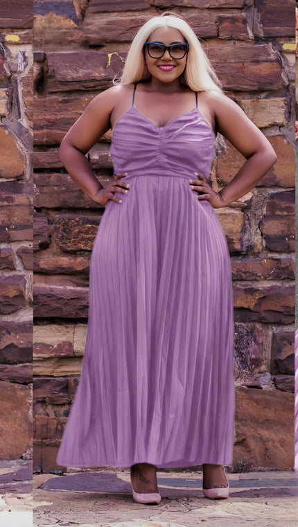 Pleated maxi dress with ruched sweetheart bodice, spaghetti straps, lilac