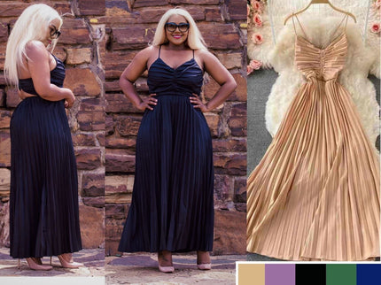 Pleated maxi dress: dark blue front view and beige ruched sweetheart on hanger