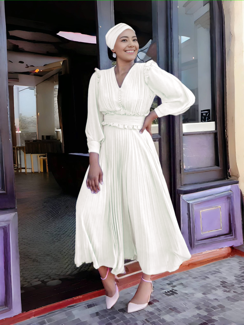 Women's Pleated Long Sleeve Midi Dress with Ruffle Trim and Button Accents