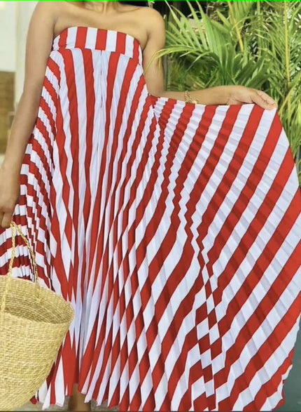 Red and white wave-pattern off-shoulder pleated midi dress