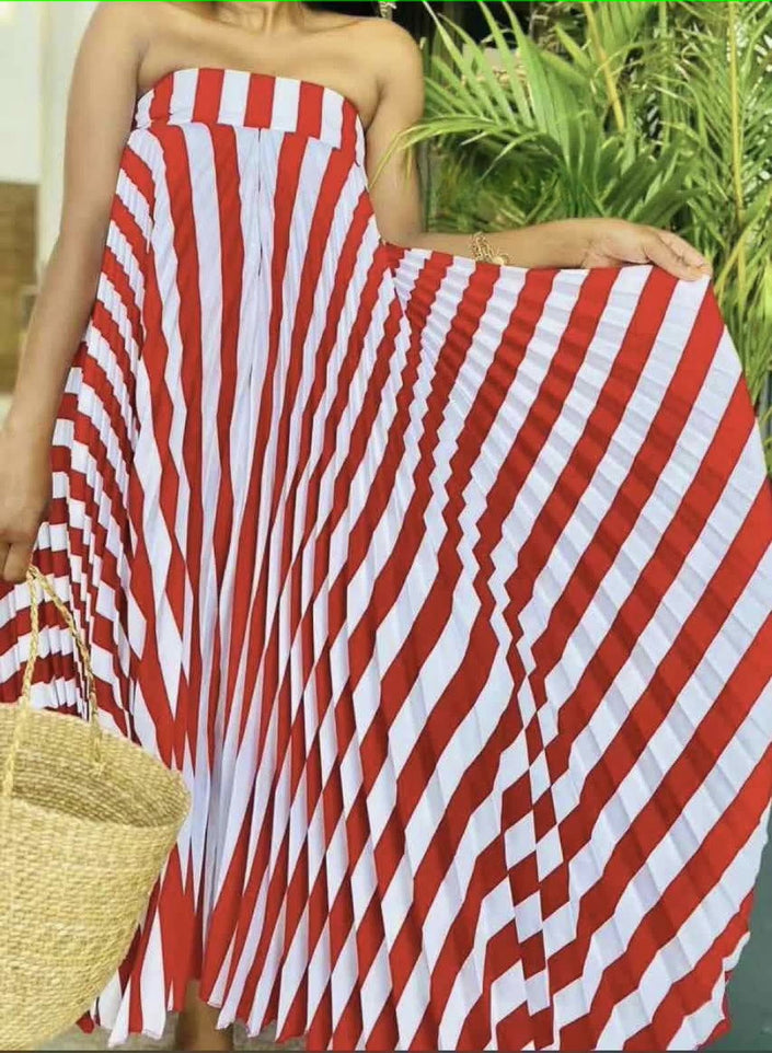 Red and white wave-pattern off-shoulder pleated midi dress