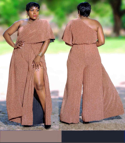 Goldenrod pleated one-shoulder jumpsuit with wide-leg pants and high slit