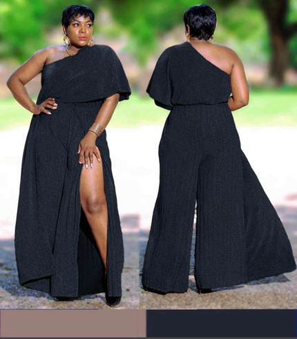 Black pleated one-shoulder jumpsuit with wide-leg pants and high slit