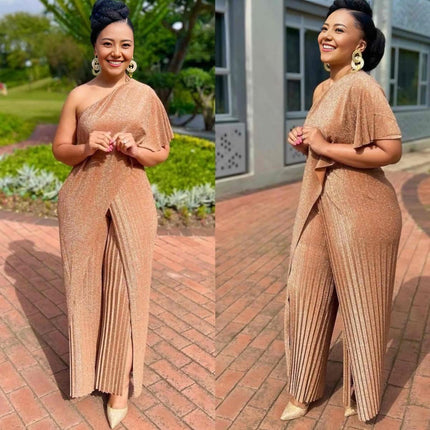 Goldenrod one-shoulder jumpsuit with pleated wide-leg pants and high slit