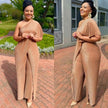 One-Shoulder Pleated Jumpsuit with High Slit
