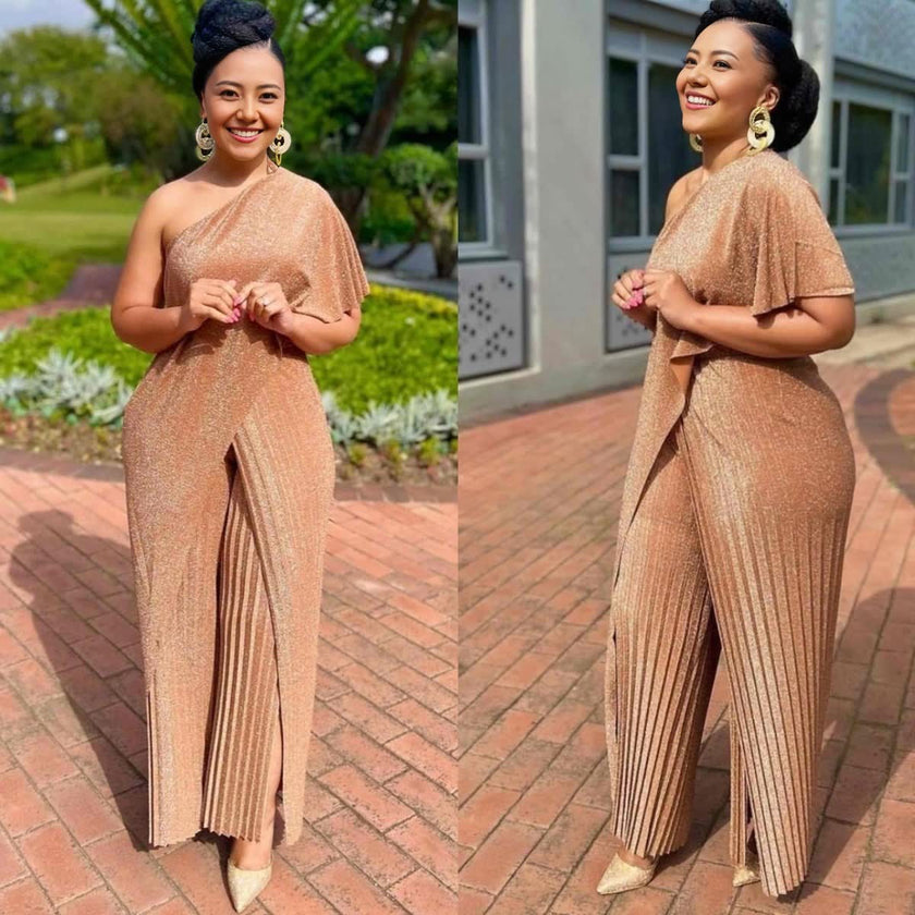 One-Shoulder Pleated Jumpsuit with High Slit