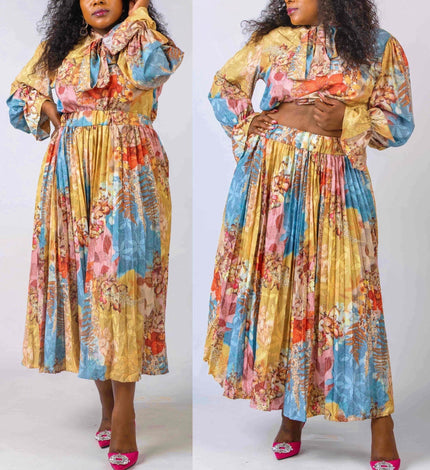 Floral puff-sleeve pleated midi dress with ruffled neckline, multicolor
