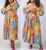 Floral puff-sleeve pleated midi dress with ruffled neckline, multicolor