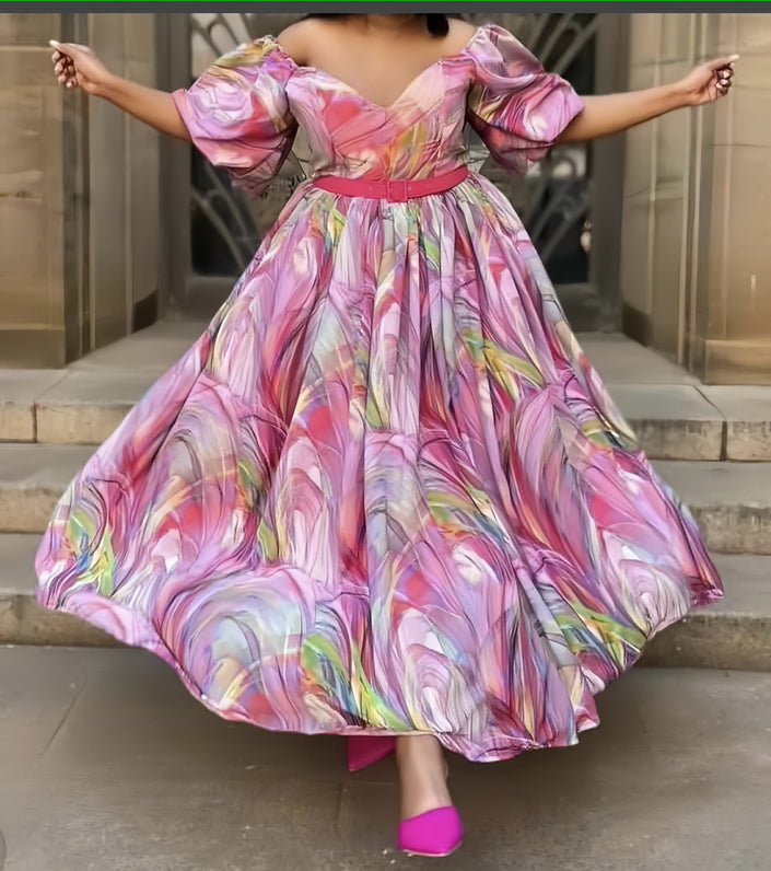 Pink maxi dress with puff sleeves, multicolor abstract print, cinched waist