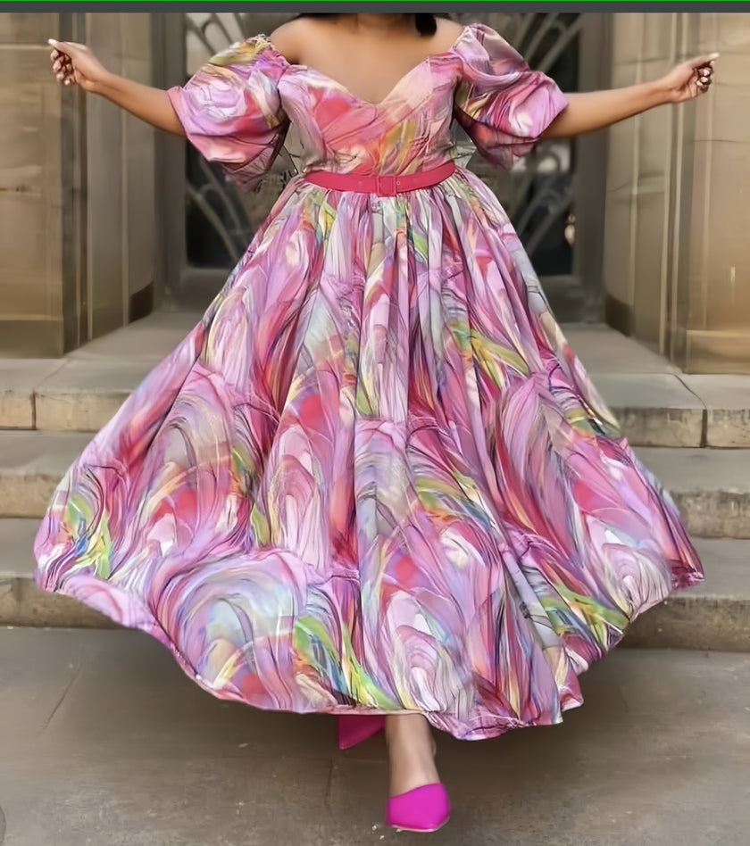 Pink maxi dress with puff sleeves, multicolor abstract print, cinched waist