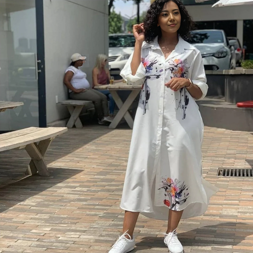 Long-Sleeve Collared Knee-Length Dress with Button-Down Front and Floral Print Embellishments