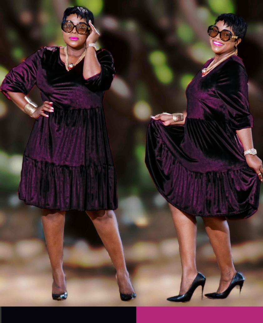 Gathered waist midi dress in deep purple velvet with tiered skirt and 3/4 sleeves