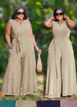 Gold sleeveless wide-leg jumpsuit with waist tie, comfortable fit