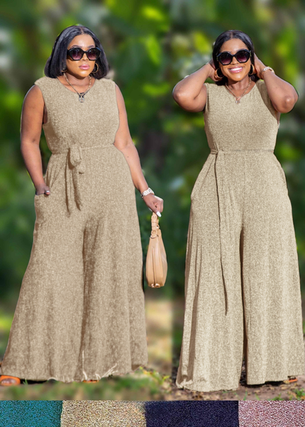 Gold sleeveless wide-leg jumpsuit with waist tie, comfortable fit