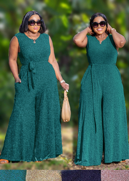 Dark-cyan sleeveless wide-leg jumpsuit with waist tie, comfortable fit