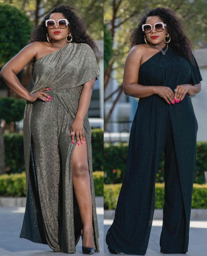 Glitter one-shoulder jumpsuit with draped neckline and side slit, wide-leg pants.