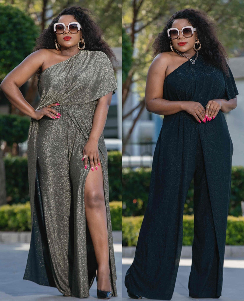 Twin Set One-Shoulder Glitter Draped Dress Jumpsuit Chic