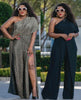 One-Shoulder Glitter Draped Dress & Off-Shoulder Fitted Bodice Jumpsuit